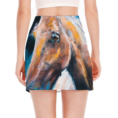 Dark Blue Horse Painting Print Side Slit Mini Skirt