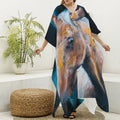 Dark Blue Horse Painting Print Silk V-Neck Kaftan Dress