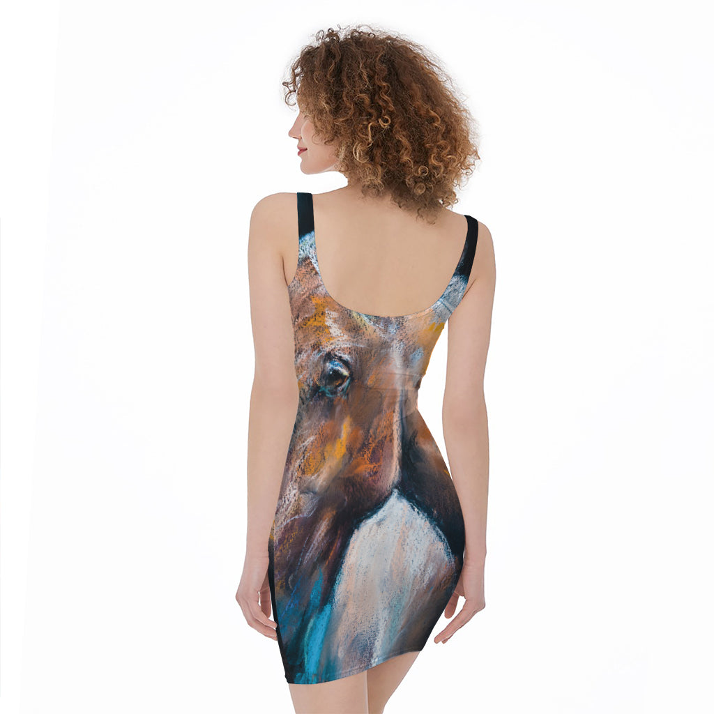 Dark Blue Horse Painting Print Sleeveless Bodycon Dress