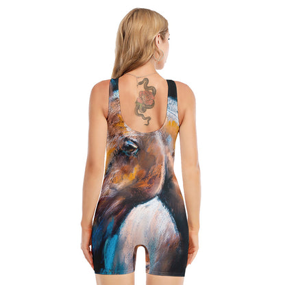 Dark Blue Horse Painting Print Sleeveless One Piece Swimsuit