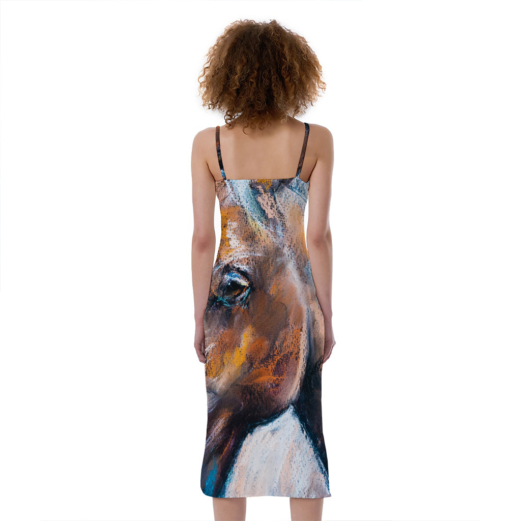 Dark Blue Horse Painting Print Slim Fit Midi Cami Dress