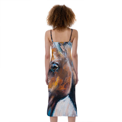 Dark Blue Horse Painting Print Slim Fit Midi Cami Dress