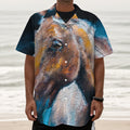 Dark Blue Horse Painting Print Textured Short Sleeve Shirt