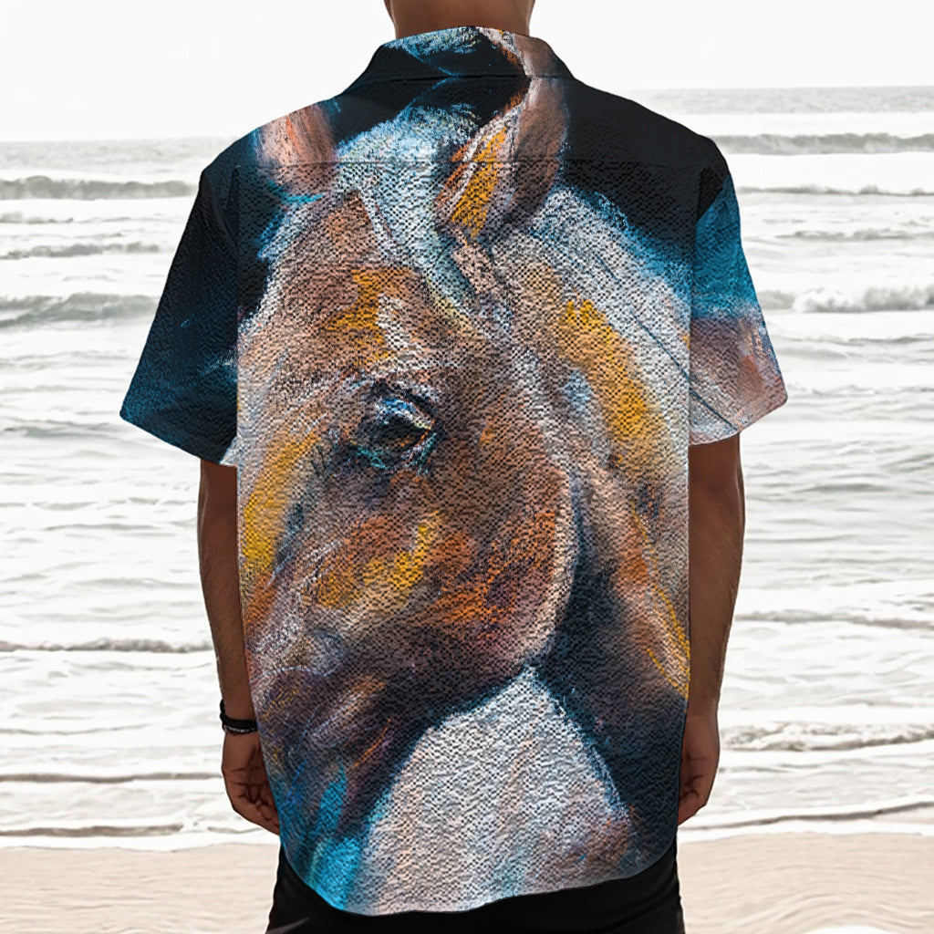 Dark Blue Horse Painting Print Textured Short Sleeve Shirt