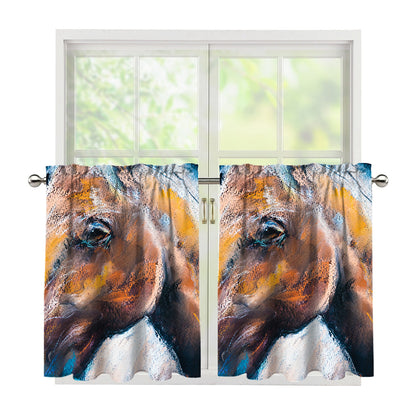 Dark Blue Horse Painting Print Tier Curtains