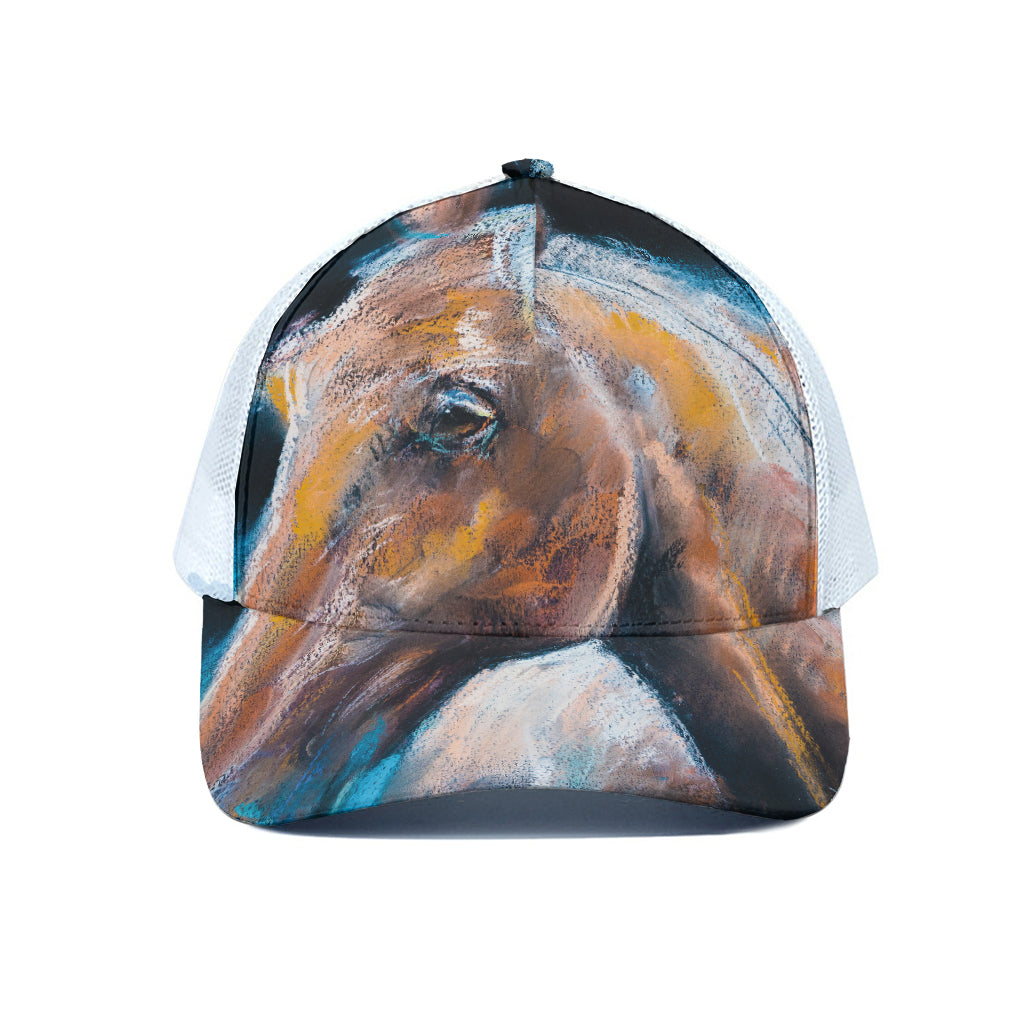 Dark Blue Horse Painting Print White Mesh Trucker Cap