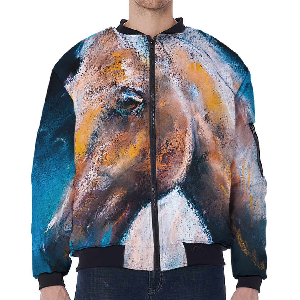 Dark Blue Horse Painting Print Zip Sleeve Bomber Jacket