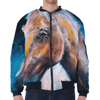 Dark Blue Horse Painting Print Zip Sleeve Bomber Jacket