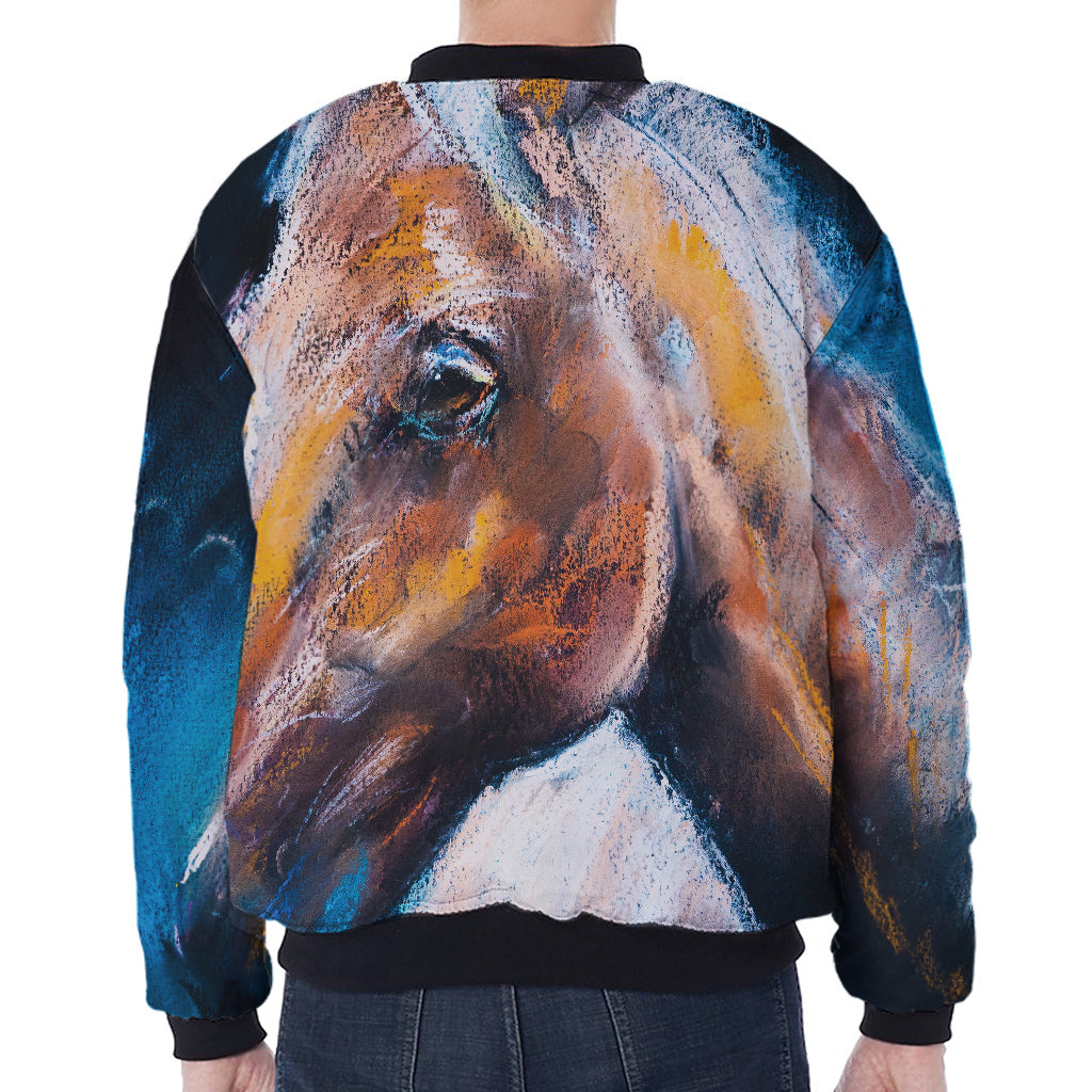Dark Blue Horse Painting Print Zip Sleeve Bomber Jacket