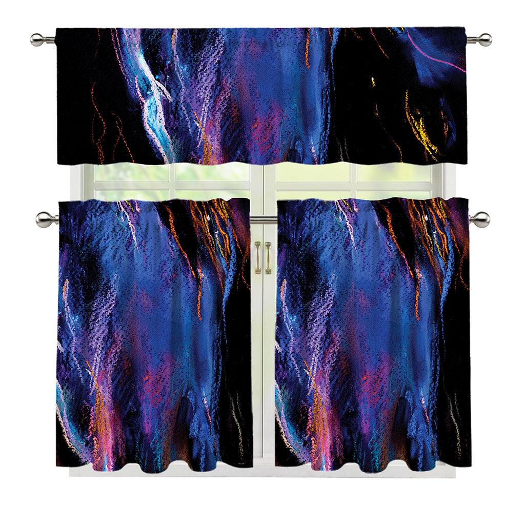 Dark Blue Horse Portrait Print 3 Piece Kitchen Curtains