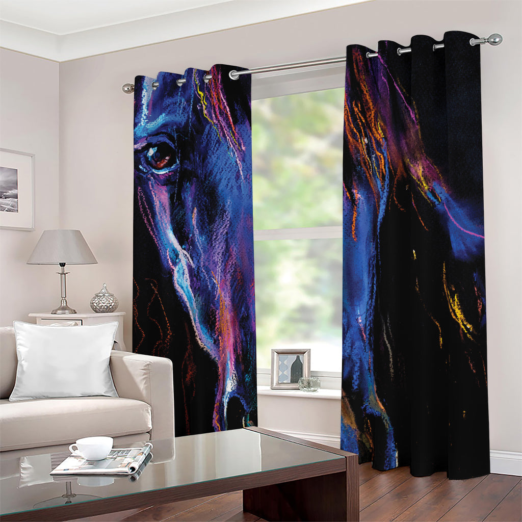 Dark Blue Horse Portrait Print Blackout Grommet Curtains