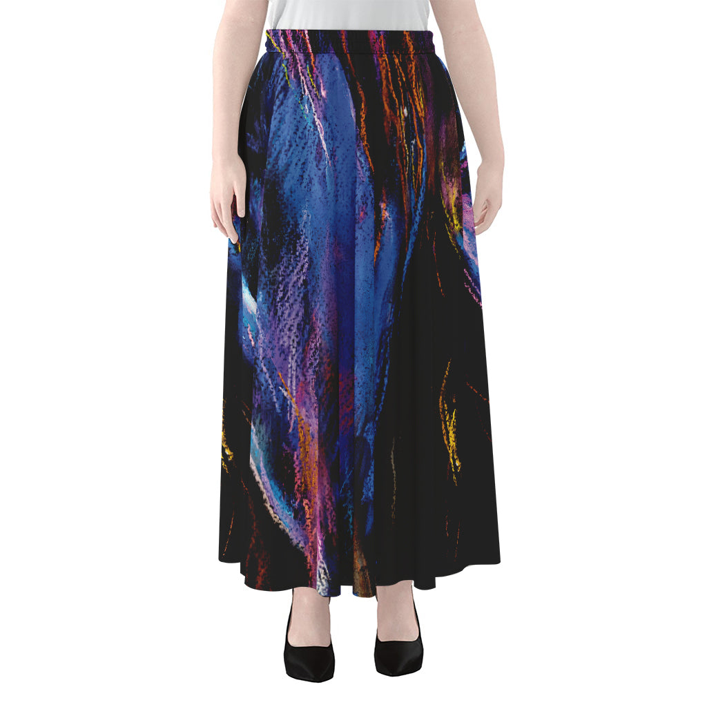 Dark Blue Horse Portrait Print Chiffon Maxi Skirt