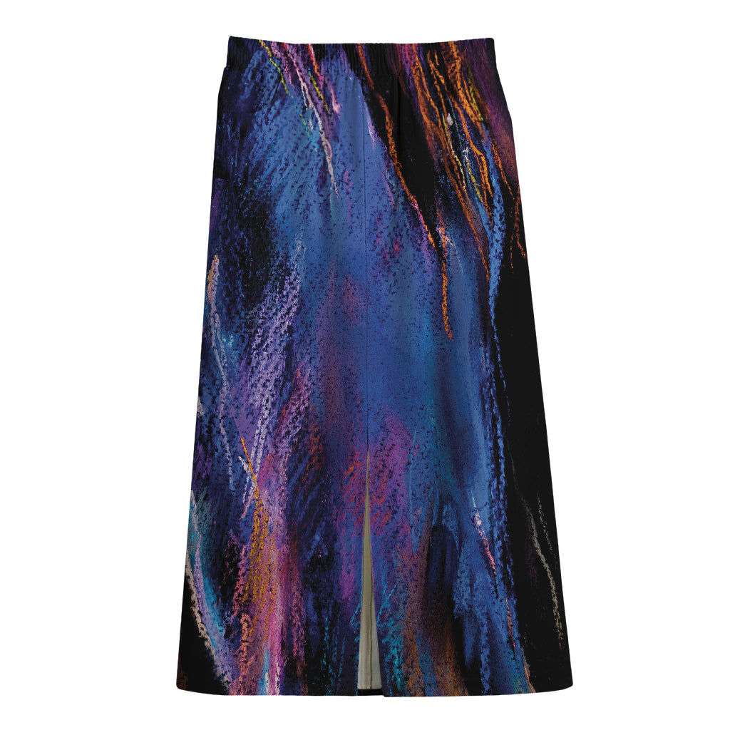 Dark Blue Horse Portrait Print Cotton Front Slit Maxi Skirt