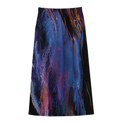 Dark Blue Horse Portrait Print Cotton Front Slit Maxi Skirt