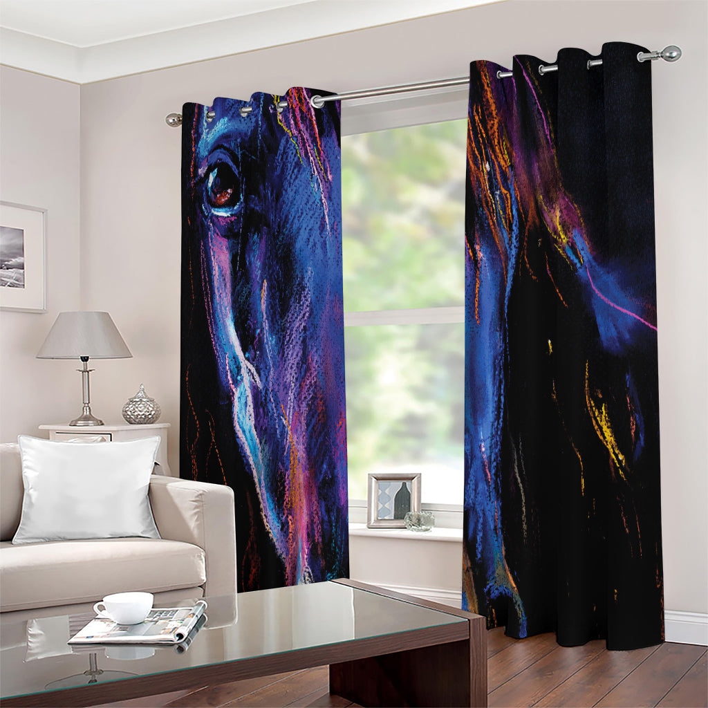 Dark Blue Horse Portrait Print Extra Wide Grommet Curtains