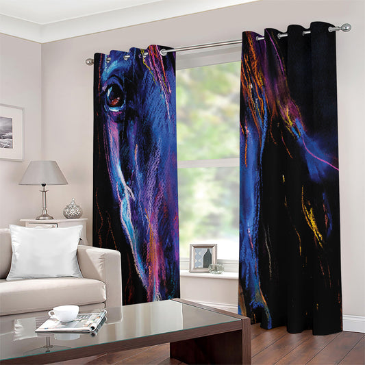 Dark Blue Horse Portrait Print Extra Wide Grommet Curtains