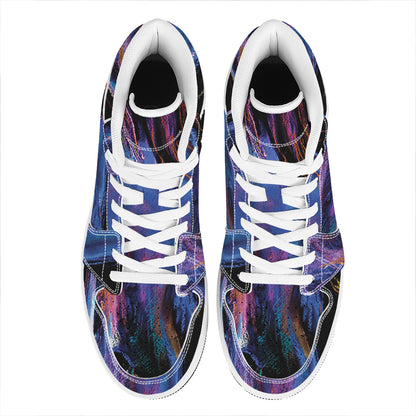 Dark Blue Horse Portrait Print High Top Leather Sneakers