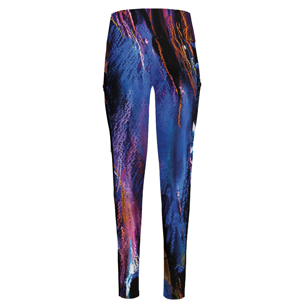 Dark Blue Horse Portrait Print High-Waisted Pocket Leggings