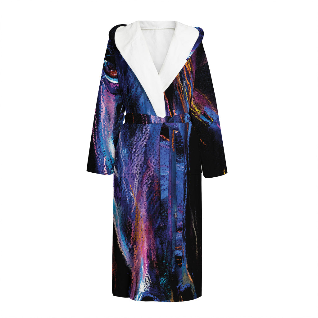 Dark Blue Horse Portrait Print Hooded Bathrobe