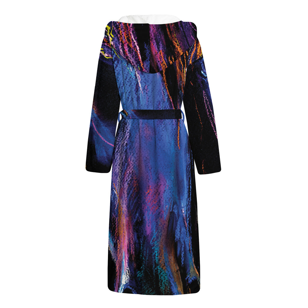 Dark Blue Horse Portrait Print Hooded Bathrobe
