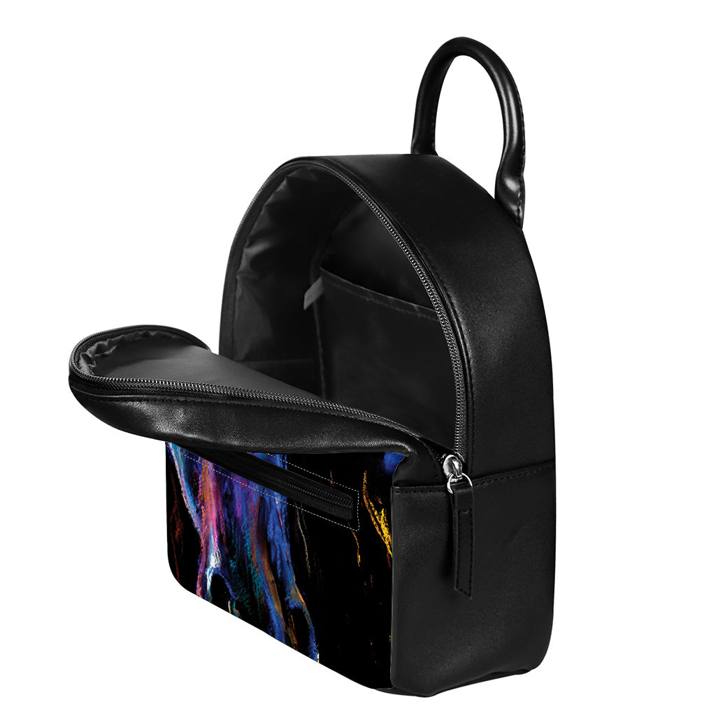 Dark Blue Horse Portrait Print Leather Backpack