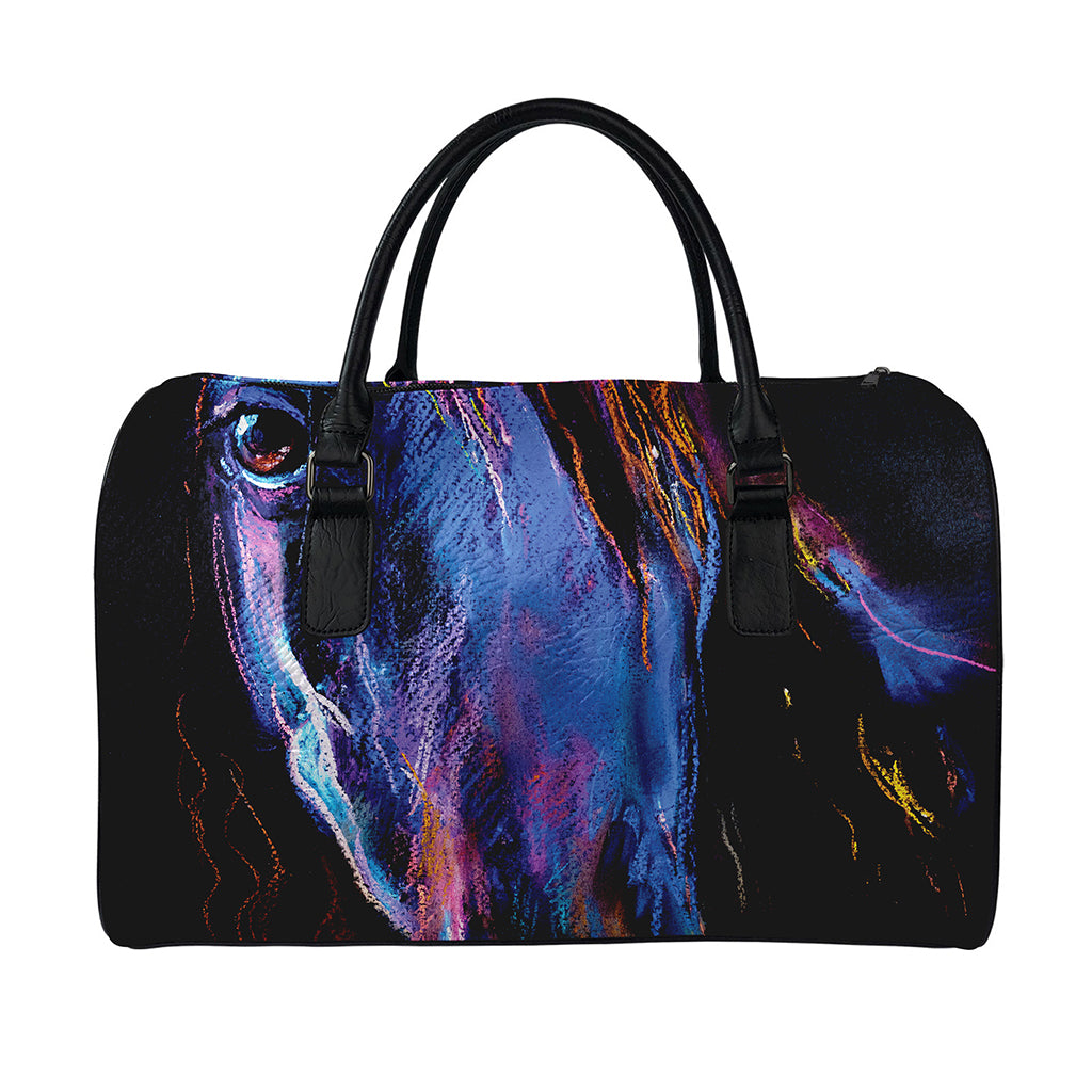 Dark Blue Horse Portrait Print Leather Duffle Bag