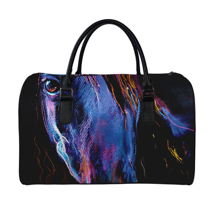 Dark Blue Horse Portrait Print Leather Duffle Bag