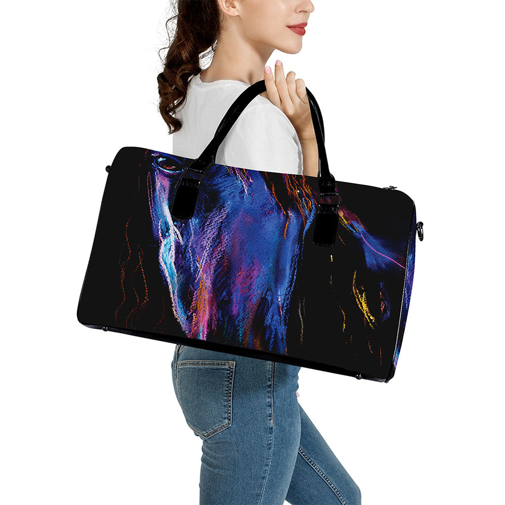 Dark Blue Horse Portrait Print Leather Duffle Bag