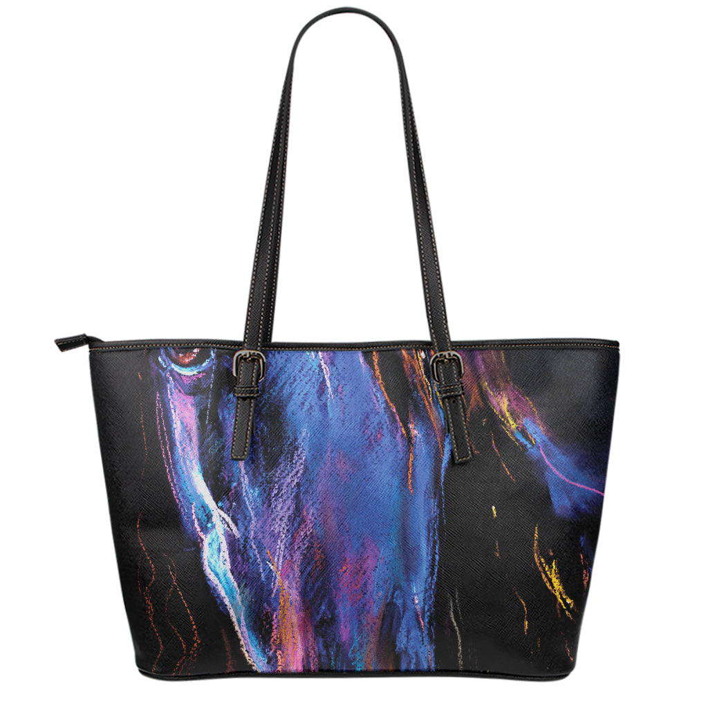 Dark Blue Horse Portrait Print Leather Tote Bag