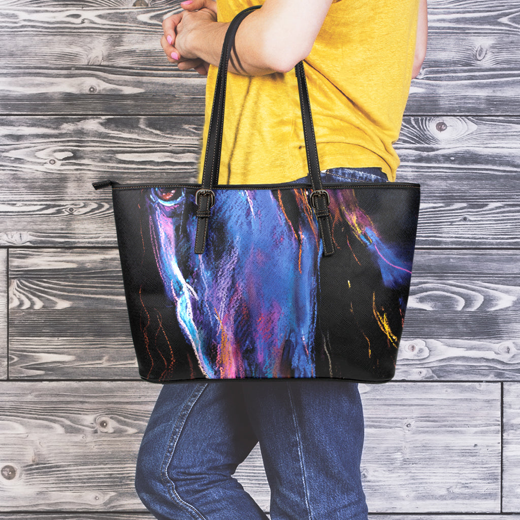 Dark Blue Horse Portrait Print Leather Tote Bag