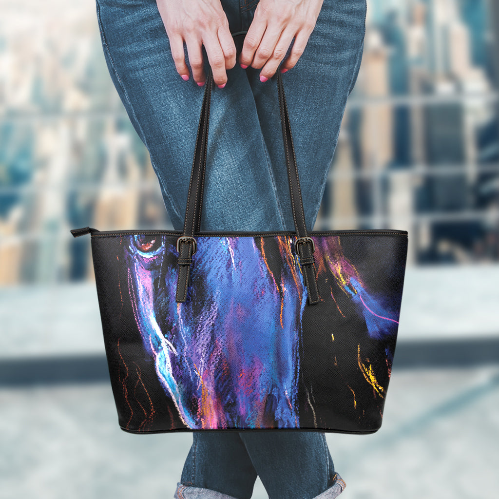 Dark Blue Horse Portrait Print Leather Tote Bag