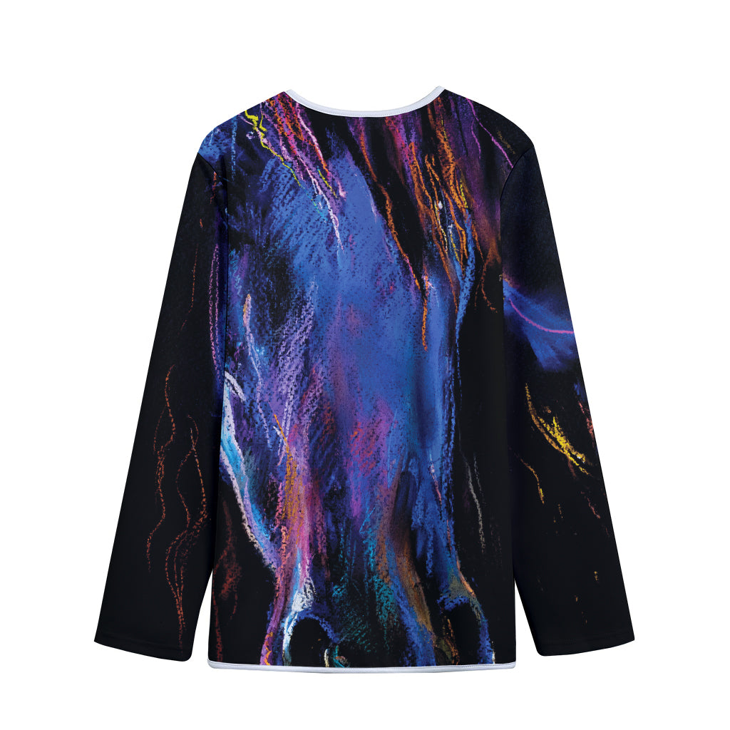 Dark Blue Horse Portrait Print Long Sleeve Short Coat