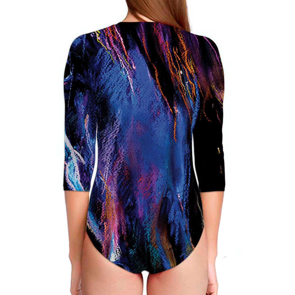 Dark Blue Horse Portrait Print Long Sleeve Swimsuit