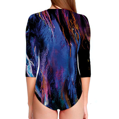 Dark Blue Horse Portrait Print Long Sleeve Swimsuit