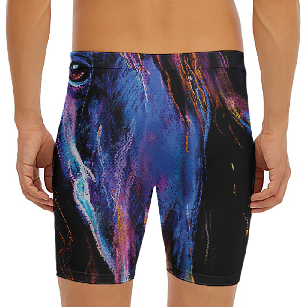 Dark Blue Horse Portrait Print Men's Long Boxer Briefs