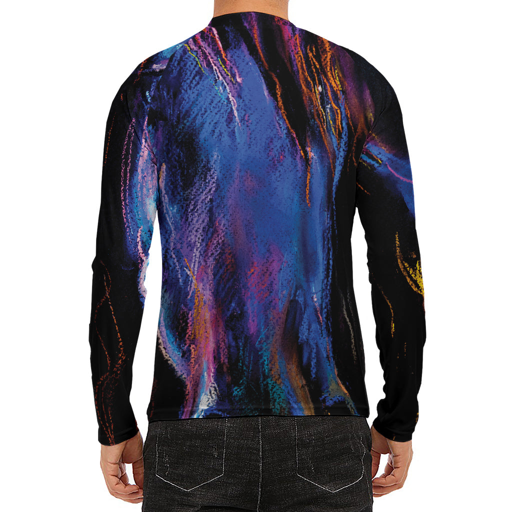 Dark Blue Horse Portrait Print Men's Long Sleeve Rash Guard