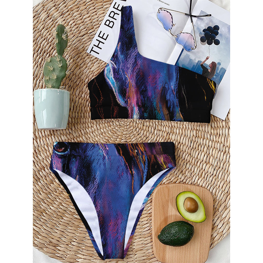 Dark Blue Horse Portrait Print One Shoulder Bikini Top