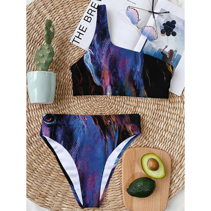 Dark Blue Horse Portrait Print One Shoulder Bikini Top