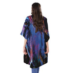 Dark Blue Horse Portrait Print Open Front Beach Cover Up