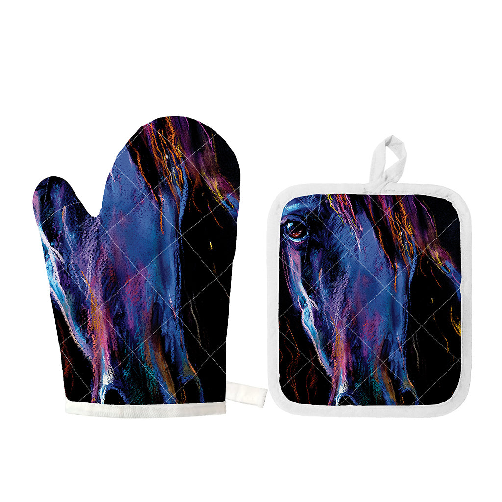 Dark Blue Horse Portrait Print Oven Mitt And Pot Holder Set