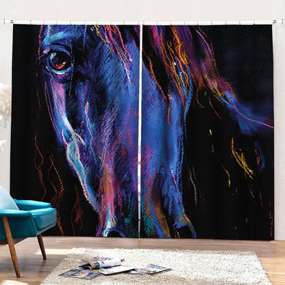 Dark Blue Horse Portrait Print Pencil Pleat Curtains