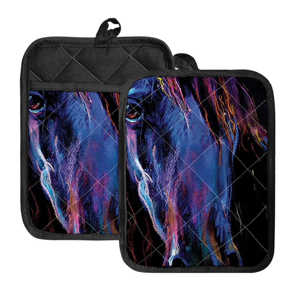 Dark Blue Horse Portrait Print Pot Holders With Pocket