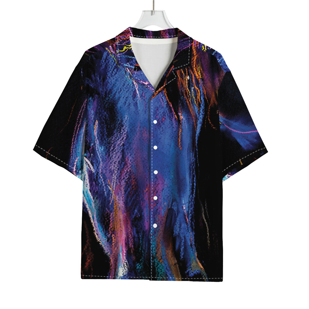 Dark Blue Horse Portrait Print Rayon Hawaiian Shirt