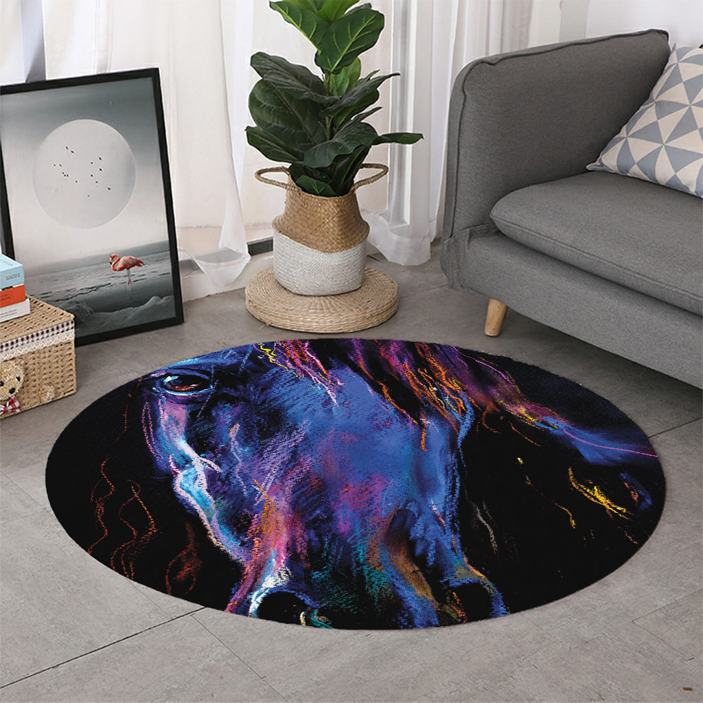Dark Blue Horse Portrait Print Round Rug