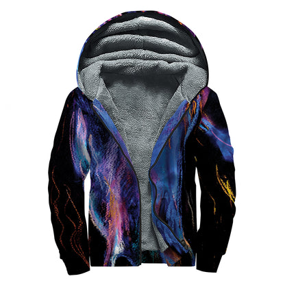 Dark Blue Horse Portrait Print Sherpa Lined Zip Up Hoodie