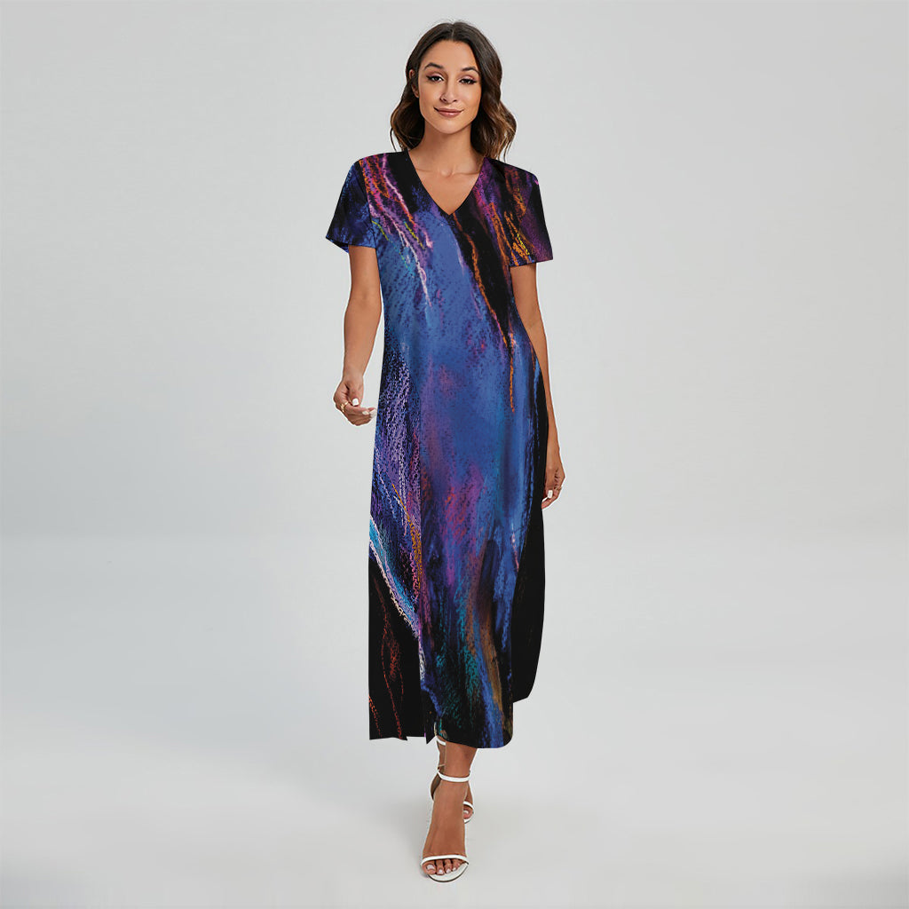 Dark Blue Horse Portrait Print Short Sleeve Maxi Dress