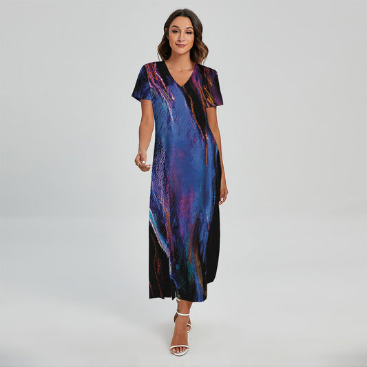 Dark Blue Horse Portrait Print Short Sleeve Maxi Dress