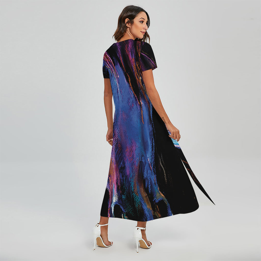 Dark Blue Horse Portrait Print Short Sleeve Maxi Dress