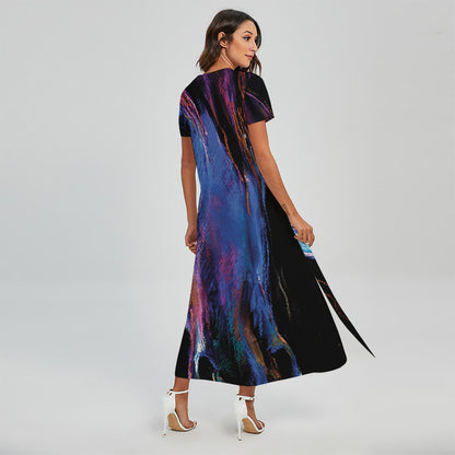 Dark Blue Horse Portrait Print Short Sleeve Maxi Dress