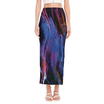 Dark Blue Horse Portrait Print Side Slit Maxi Skirt